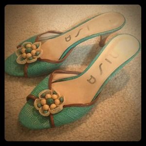 Teal and brown heels