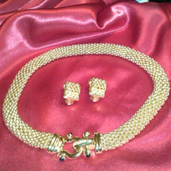 Gold colored earrings and choker necklace
