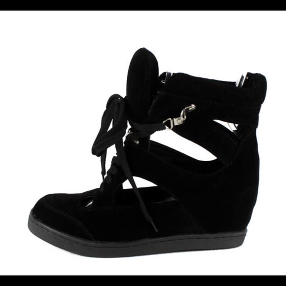 Shoes - Black Suede High Top Wedge Sneaker