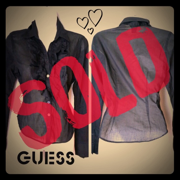 Guess Jeans Black Ruffled Bust Button Down Blouse