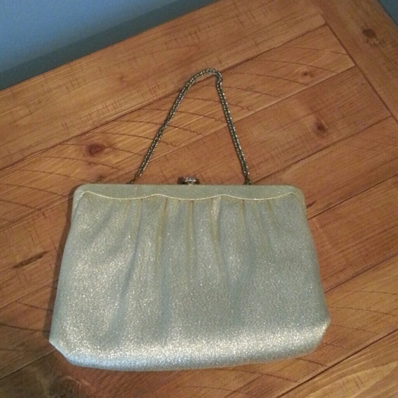 Gold sparkle snap closure clutch with wrist strap