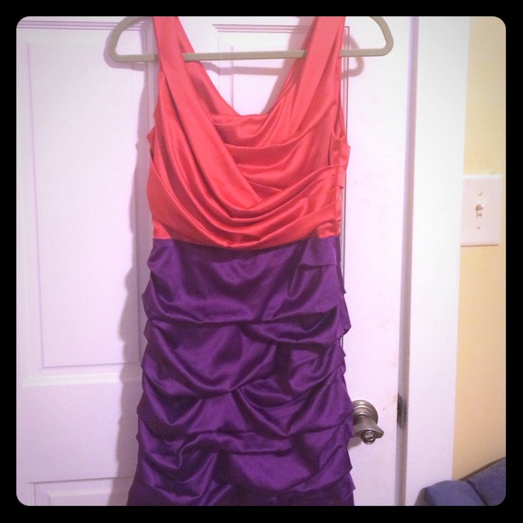 Beautiful ruched coral and purple Express dress