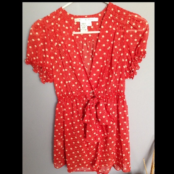 Sheer red polkadot top with tie