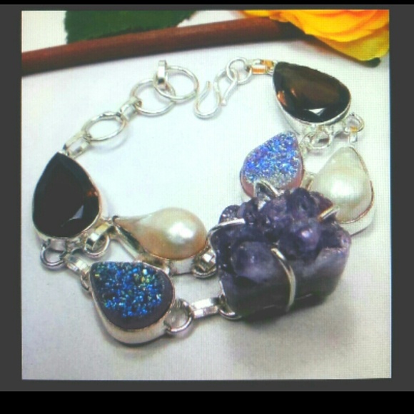 .925 SS druzy quartz blister pearl topaz bracelet