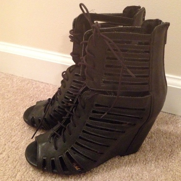 Boots - Black, Peeptoe lace up wedge, zips up. Super cute!