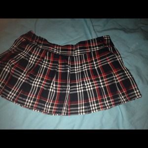 Red, black, white plaid mini skirt.