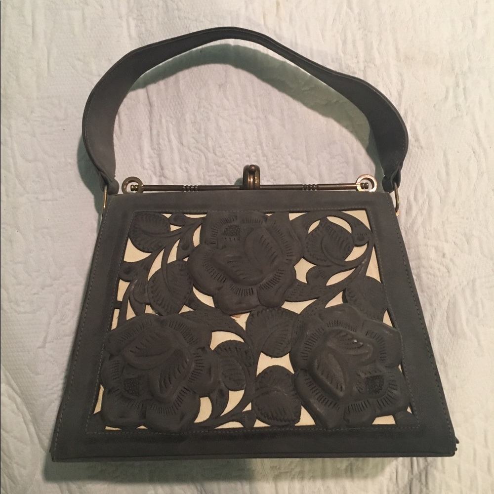 Vintage dusty blue leather handbag
