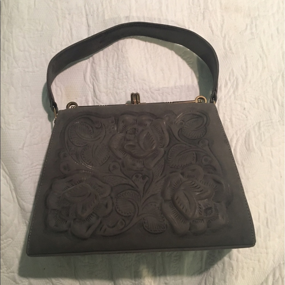 Vintage dusty blue leather handbag - Picture 4 of 9