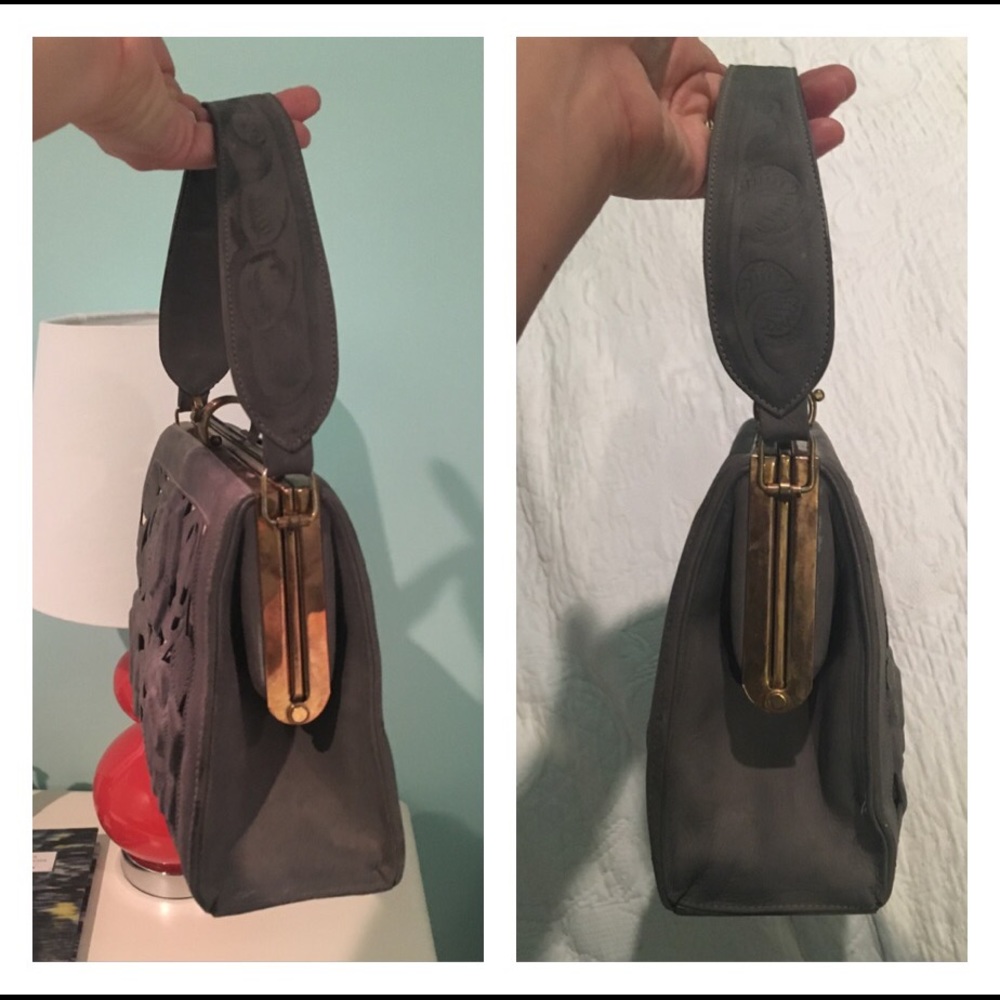 Vintage dusty blue leather handbag - Picture 8 of 9