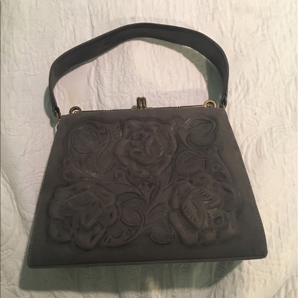 Vintage dusty blue leather handbag - Picture 4 of 9