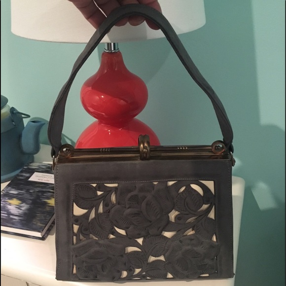 Vintage dusty blue leather handbag - Picture 3 of 9