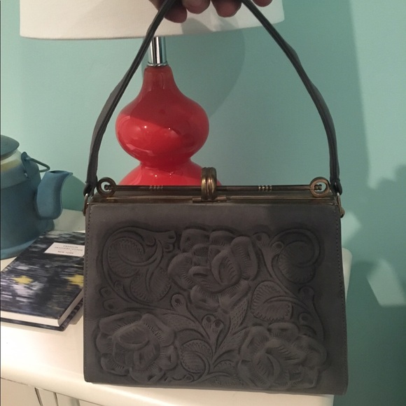 Vintage dusty blue leather handbag - Picture 2 of 9