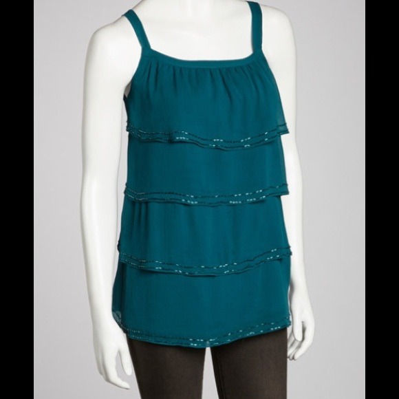 NWT Emerald Blue Tank w/ Sheer Embellished Layers