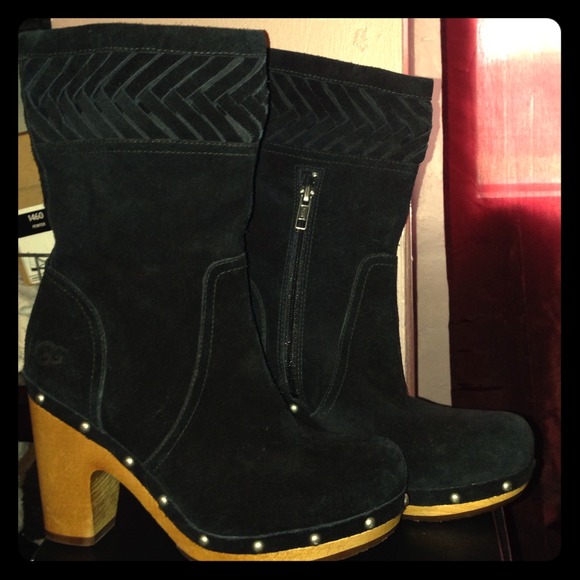 Black leather UGG clog boots