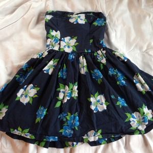 dark blue strapless floral dress
