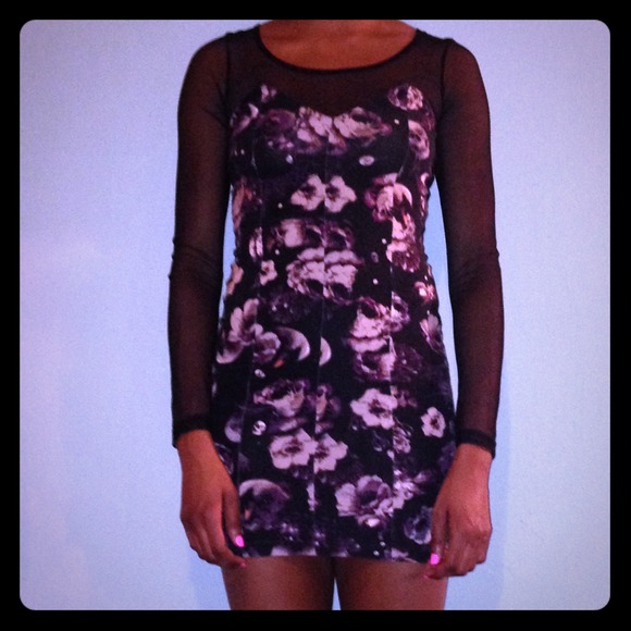 Floral Print Dress Mesh Sleeves