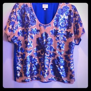 Tracy Reese, blue/beige sequined scoop neck shirt