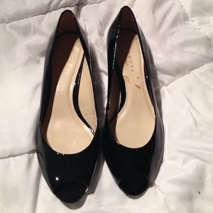 Patent leather peep toe low wedges