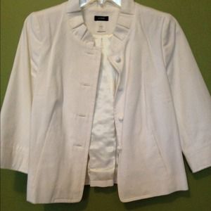 3/4 sleeve white blazer with ruffle neck