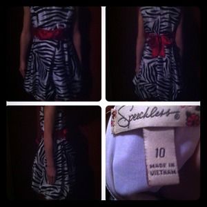 Black and white zebra dress with red ribbon.