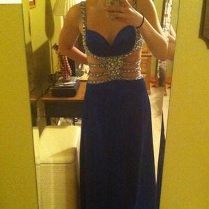 Jeweled Royal Blue Open Back Prom Dress