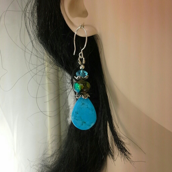 ★STERLING SILVER!★Genuine Turquoise Drop Earrings - Picture 2 of 3