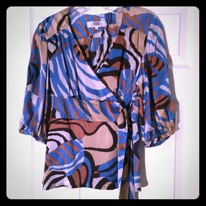 Tibi Silk Print Wrap Top Blue Size Small