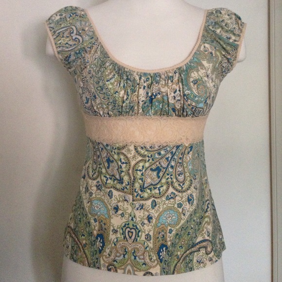 Colorful green, blue and beige top