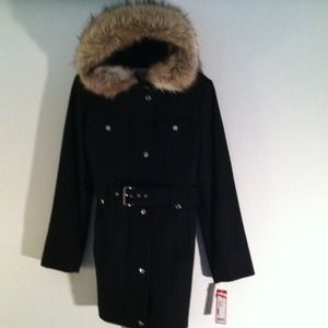 Esprit Black Coat Faux Fur accented Hood, Large