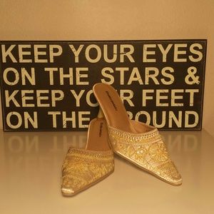 BRAND NEW BEIGE SATIN & SEQUIN SLIP-ON MULES