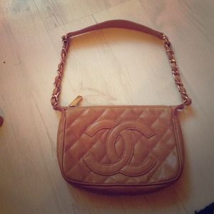 CHANEL beige caviar quilted pouchette bag
