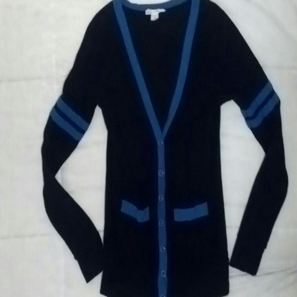 Black cardigan with blue accents.