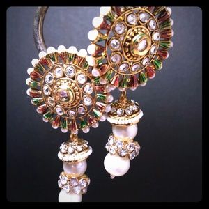 Red green gold pearl sun shaped Indian earrings