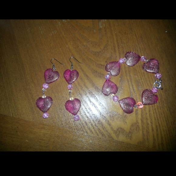 Hand Made Two sided Heart Earrings and Bracelet