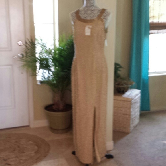 Floor length hand beaded gown in golden beige