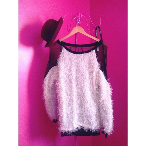 Sheer Sleeve Fuzzy Sweater