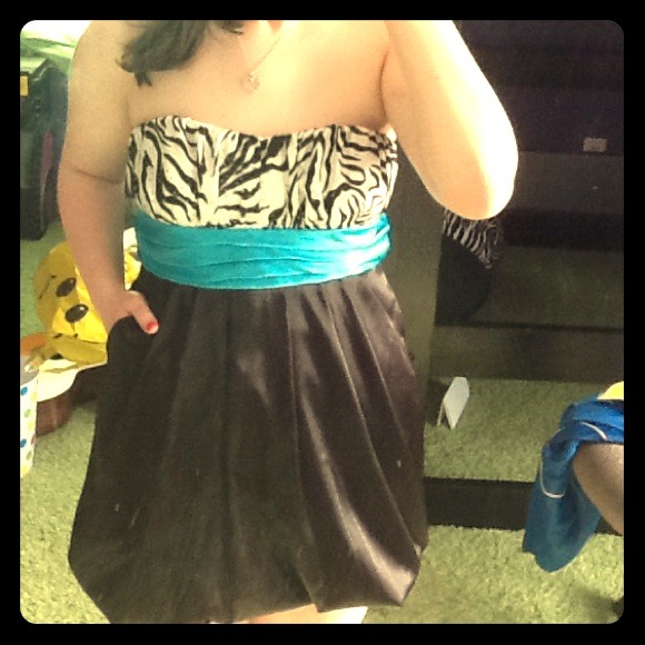Short, Strapless Zebra Print and Black Satin Dress