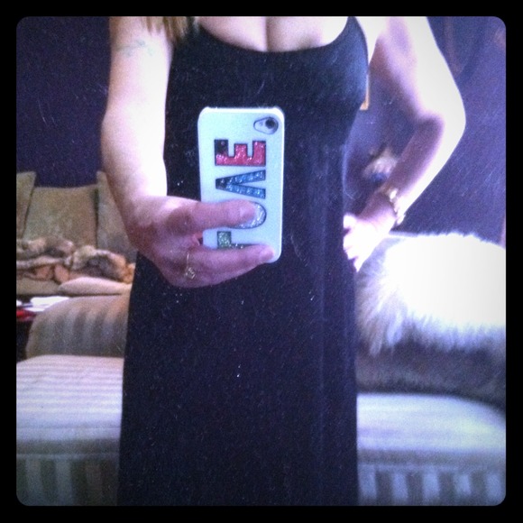 Vintage 70's Black Boho Crushed Velvet Maxi Dress