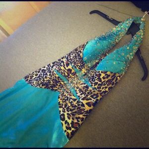 blue and brown leopard pageant/prom dress.