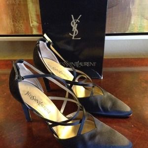 YSL black satin strappy close toe heels