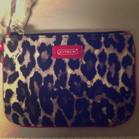 Leopard print coach wristlet with red leather