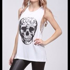 NEW Black skull with flowers white tank