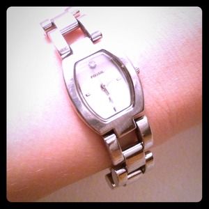 Silver Fossil Watch Diamond Chain Bracelet