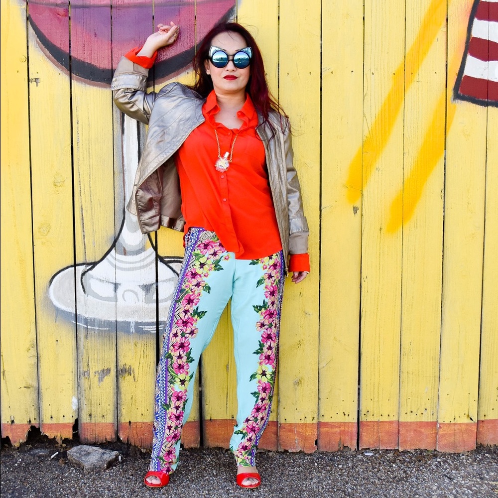 Blue Pink Floral Tribal Joggers Pants - Picture 2 of 4