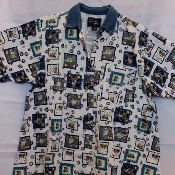 Button-up cotton blouse, teddy bear & denim design