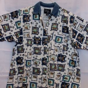 Button-up cotton blouse, teddy bear & denim design