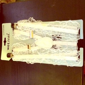White lace ruffle wet seal suspenders