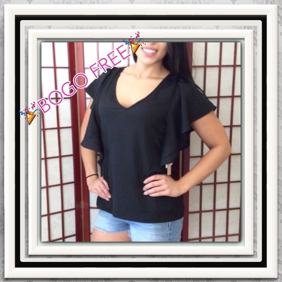 😘BLACK RUFFLED SLEEVES CHIFFON PULLOVER TOP💝