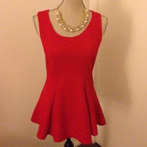 Red Peplum Top and Pearl/Gold Necklace
