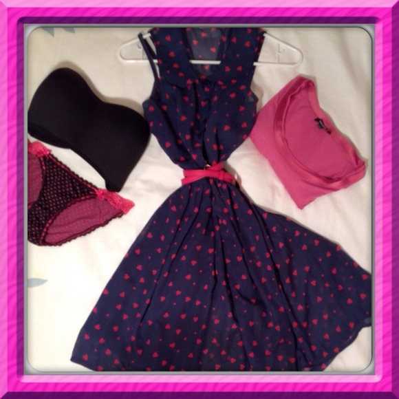 Navy sheer with pink hearts dress w/slip and belt